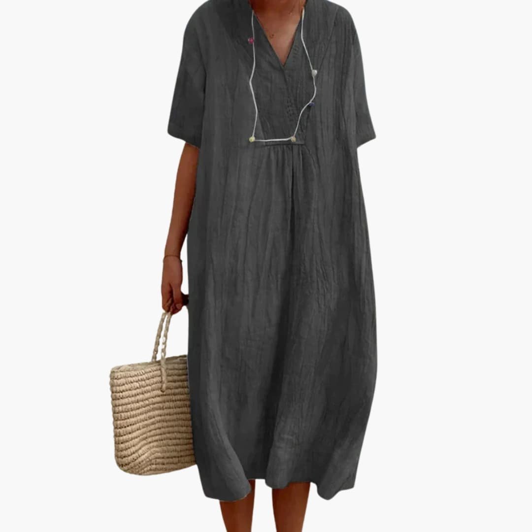 Valdine | Relaxed V-Neck Linen Midi Dress