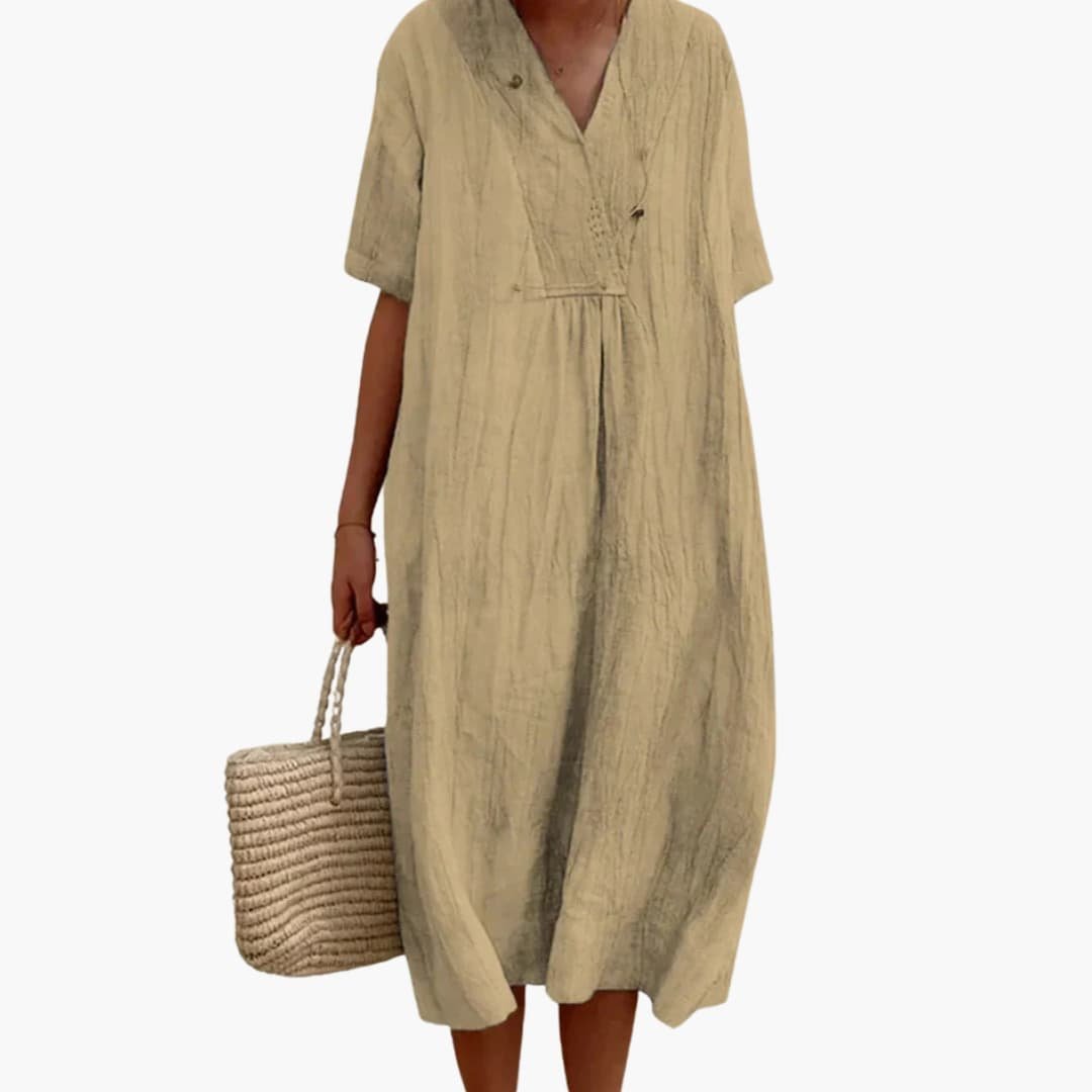 Valdine | Relaxed V-Neck Linen Midi Dress