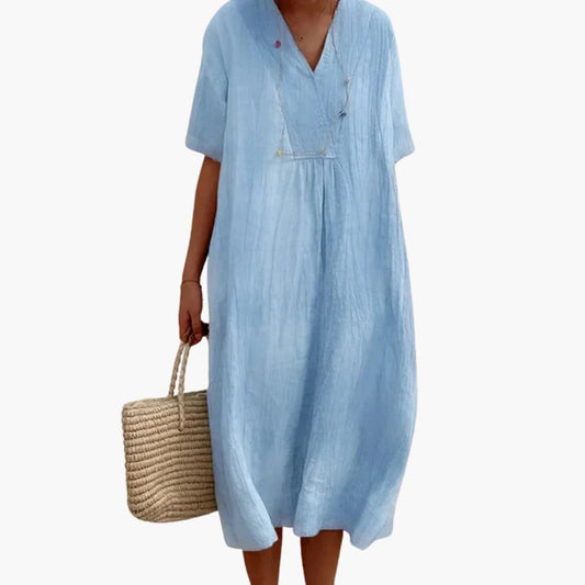 Valdine | Relaxed V-Neck Linen Midi Dress
