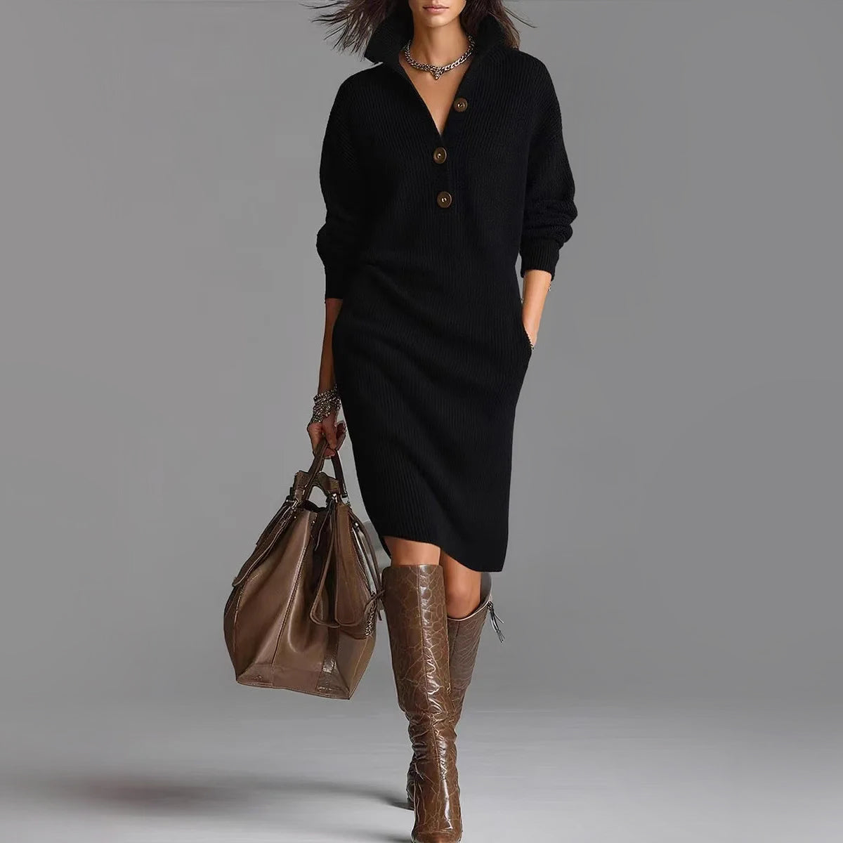 Lacey | Slim Fit Ribbed Collared Midi-Length Sweater Dress