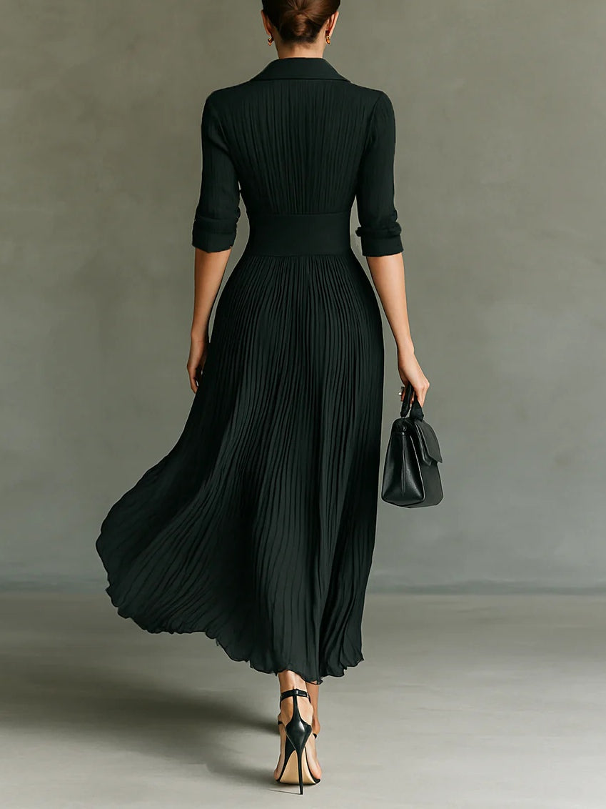 Orlaith | Elegant Pleated Lapel Waist Maxi Dress