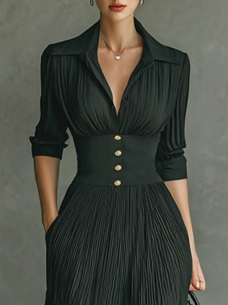 Orlaith | Elegant Pleated Lapel Waist Maxi Dress