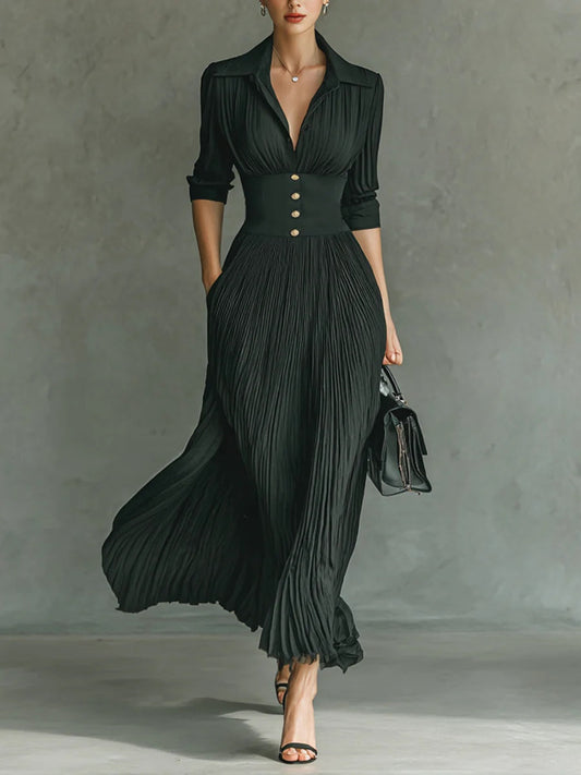 Orlaith | Elegant Pleated Lapel Waist Maxi Dress