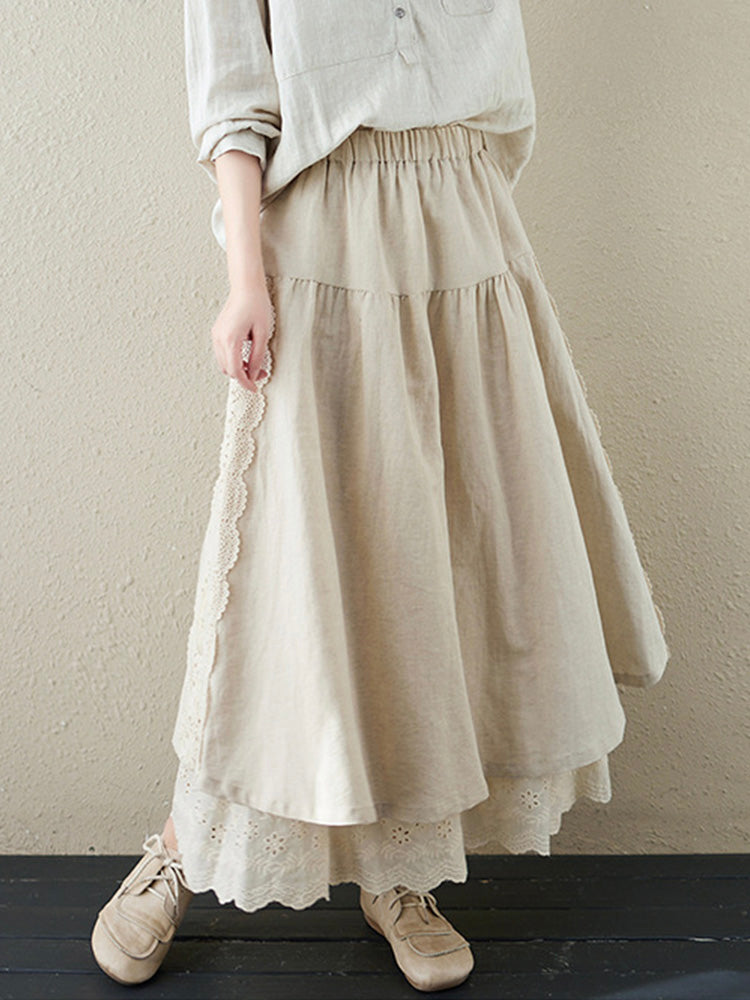 Eowyn | Lace Embroidery Two-Layer Linen Skirt