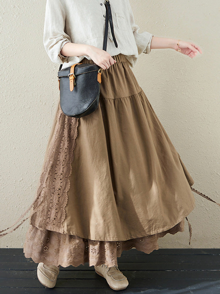 Eowyn | Lace Embroidery Two-Layer Linen Skirt