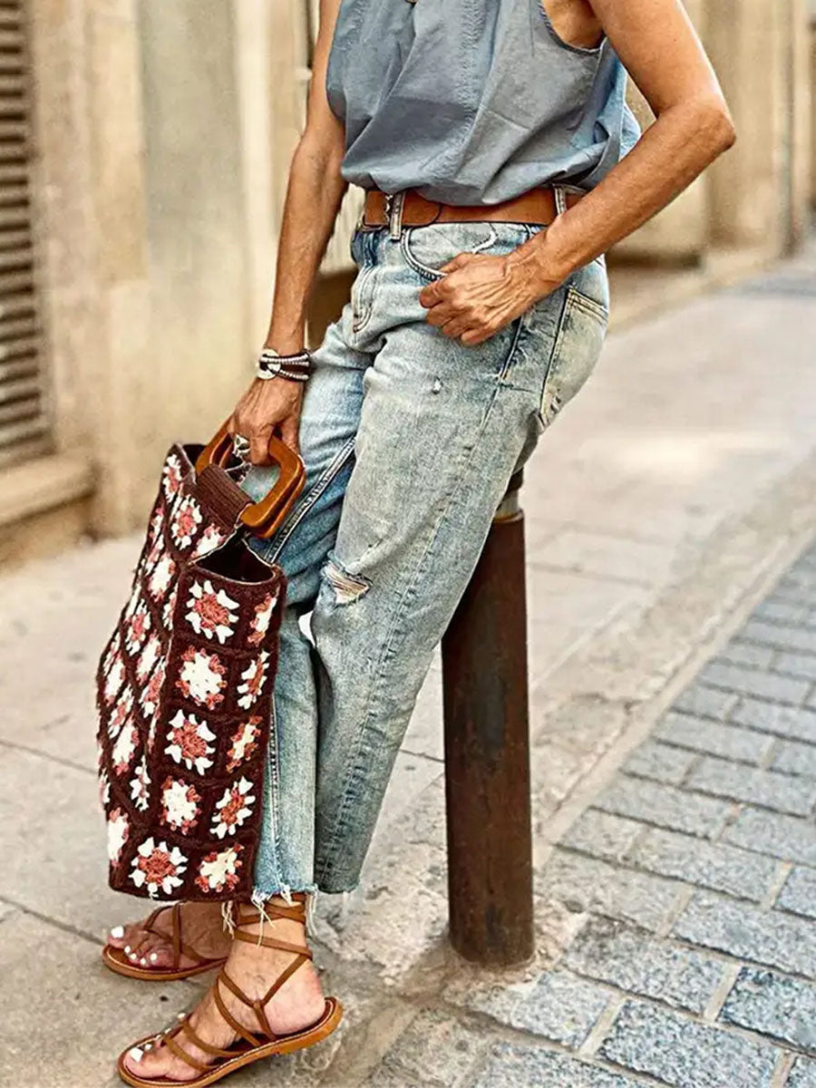 Elenoire | Vintage Wash Distressed Straight-Leg Jeans