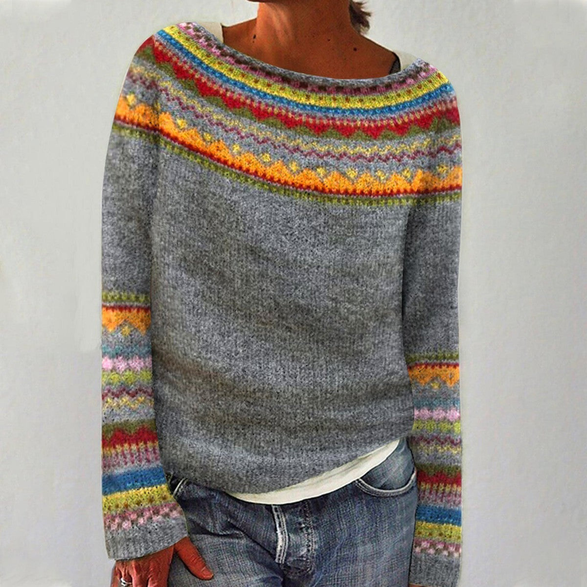 Charlotte | Isle Striped Yoke Long Sleeve Sweater