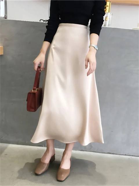 Philomena | A-Line Satin Midi Skirt with Side Zipper and Mid-Calf Hem