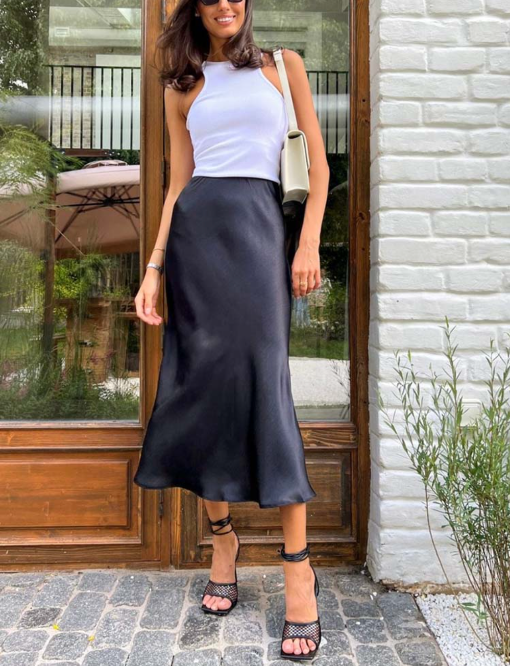 Philomena | A-Line Satin Midi Skirt with Side Zipper and Mid-Calf Hem