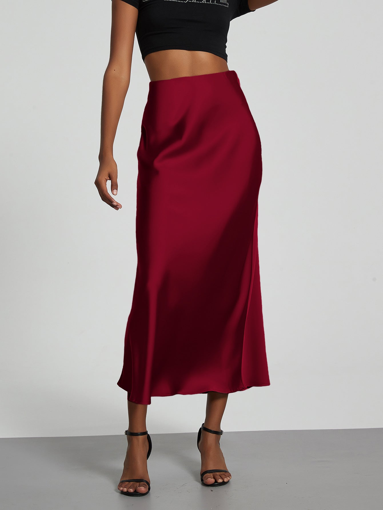 Philomena | A-Line Satin Midi Skirt with Side Zipper and Mid-Calf Hem