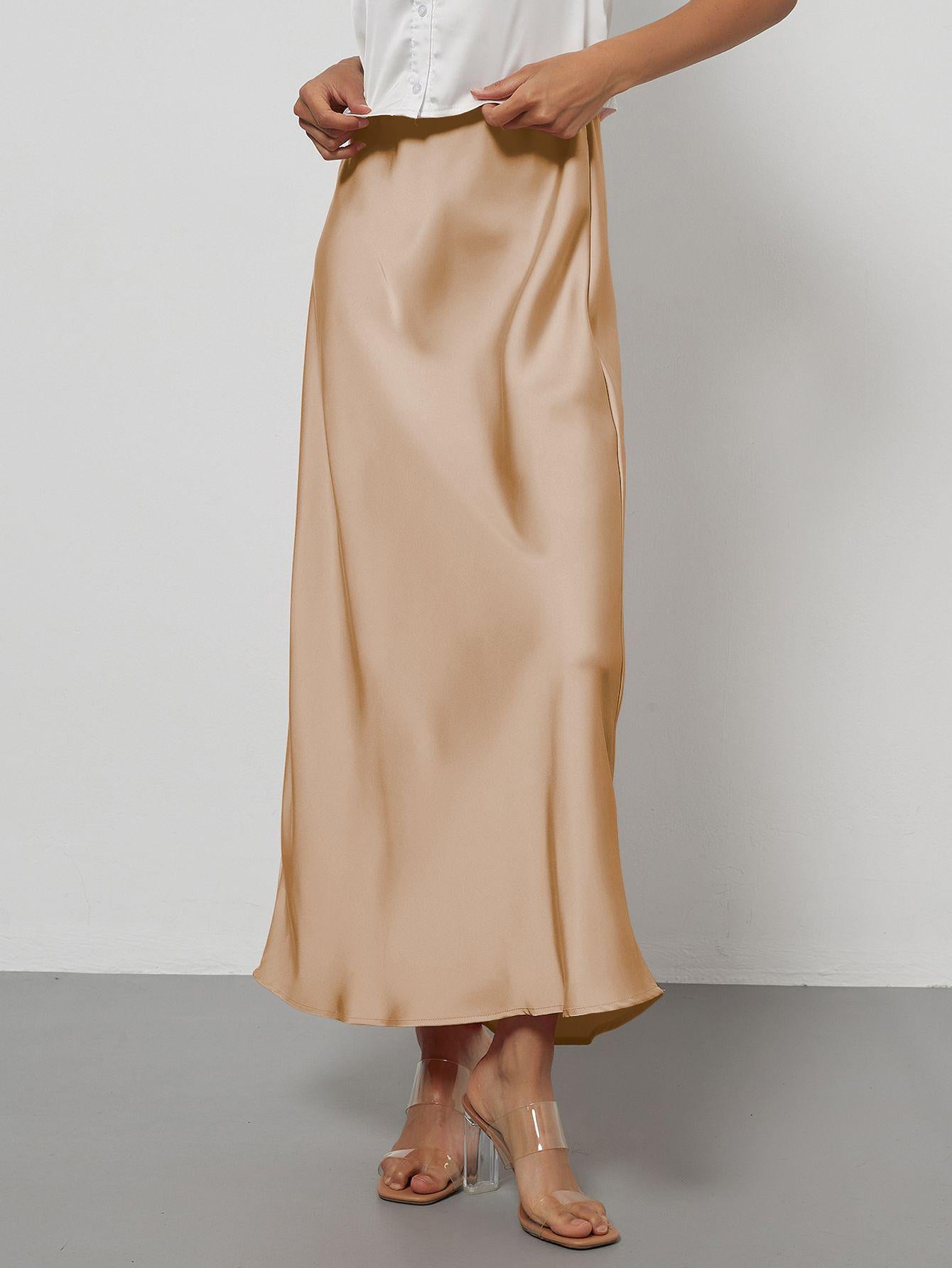 Philomena | A-Line Satin Midi Skirt with Side Zipper and Mid-Calf Hem