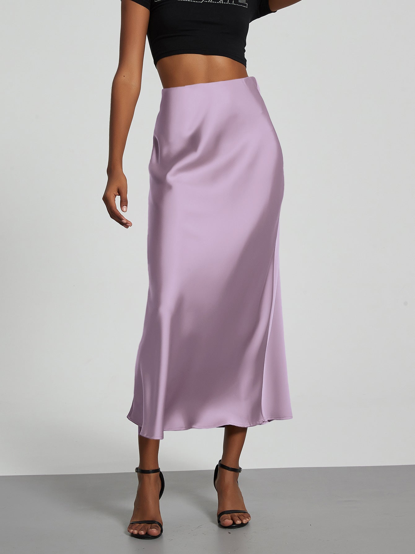 Philomena | A-Line Satin Midi Skirt with Side Zipper and Mid-Calf Hem