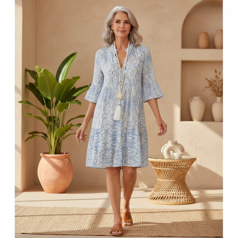 Larkspur | Bohemian Midi Dress with Bell Sleeves and V Neck