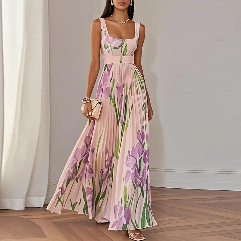 Nyla | Floral Maxi Dress with Pleated Skirt and Square Neck