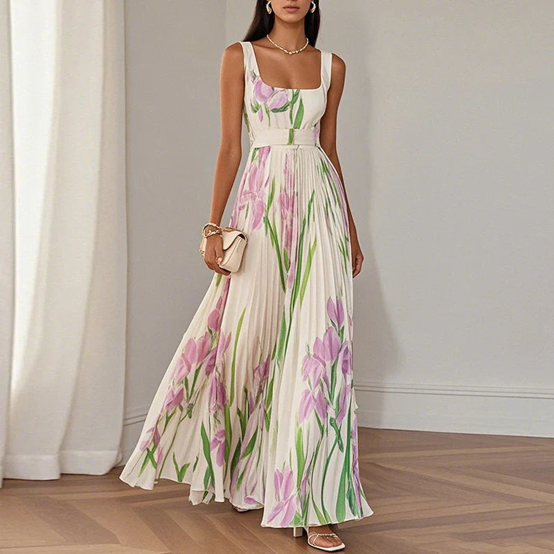 Nyla | Floral Maxi Dress with Pleated Skirt and Square Neck