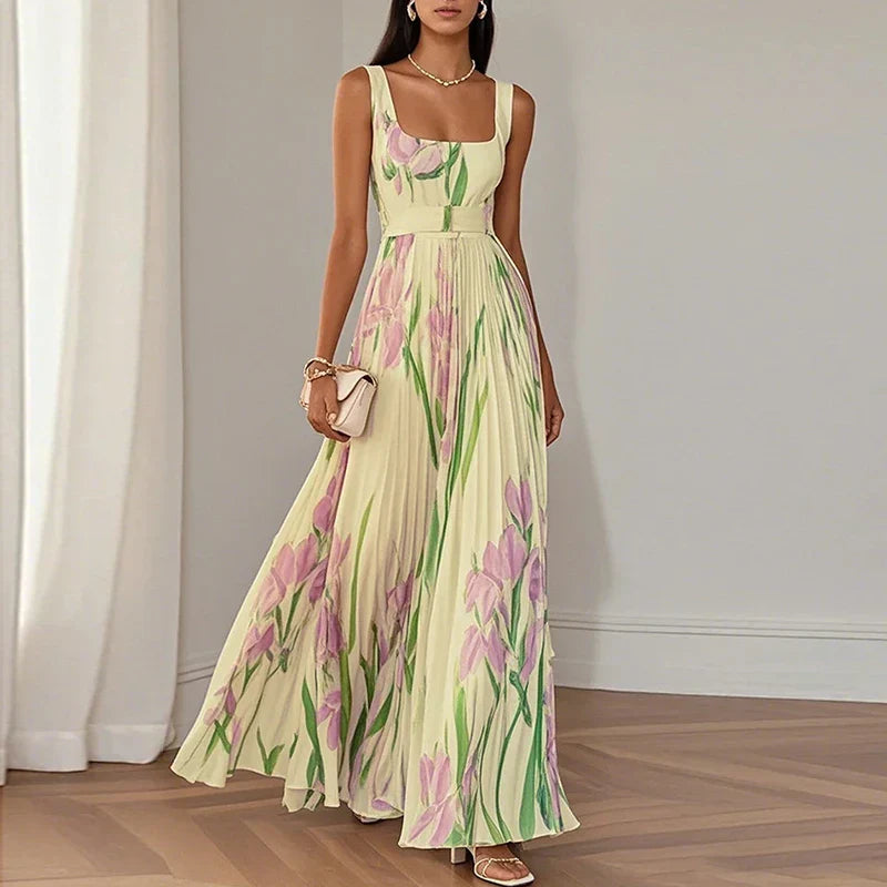 Nyla | Floral Maxi Dress with Pleated Skirt and Square Neck