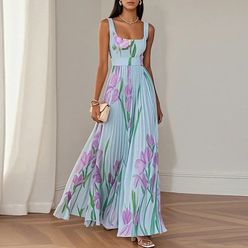 Nyla | Floral Maxi Dress with Pleated Skirt and Square Neck