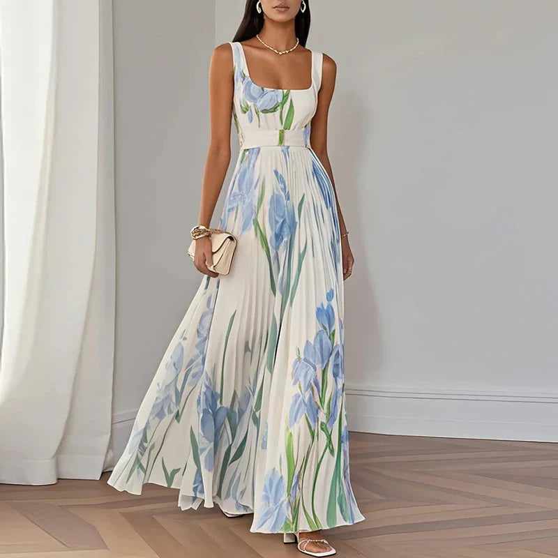 Nyla | Floral Maxi Dress with Pleated Skirt and Square Neck