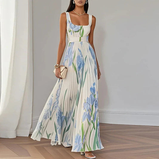 Nyla | Floral Maxi Dress with Pleated Skirt and Square Neck