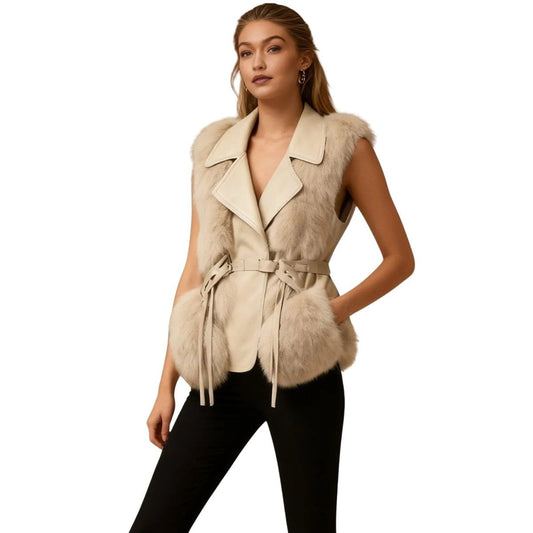 Adelheid | Belted Leather Vest with Fur Trim photo