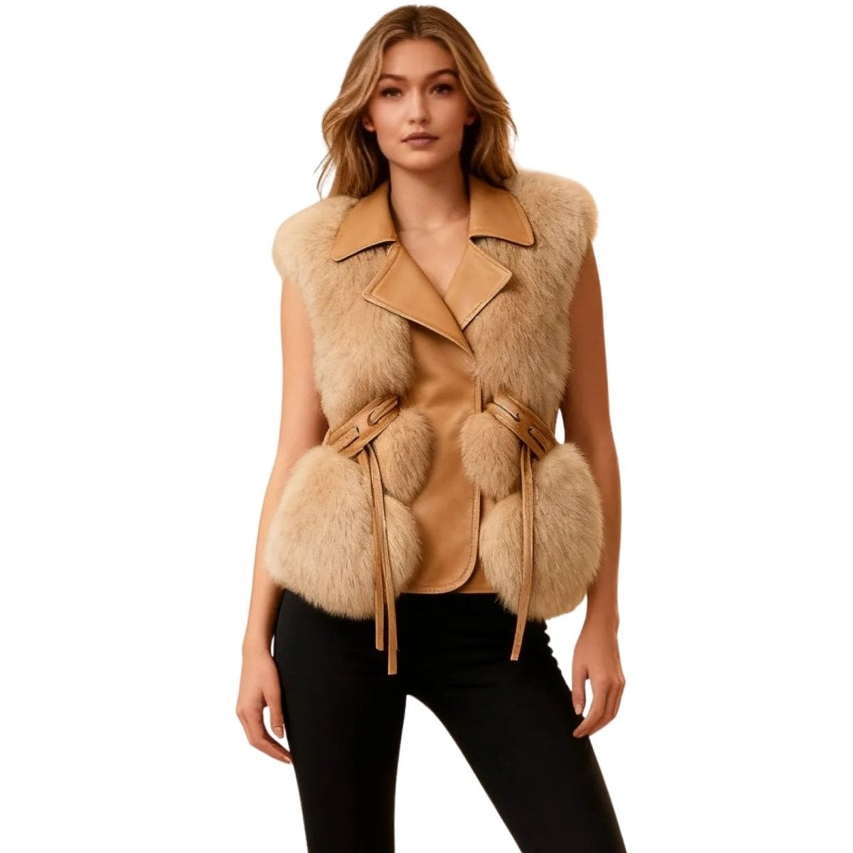 Adelheid | Belted Leather Vest with Fur Trim photo