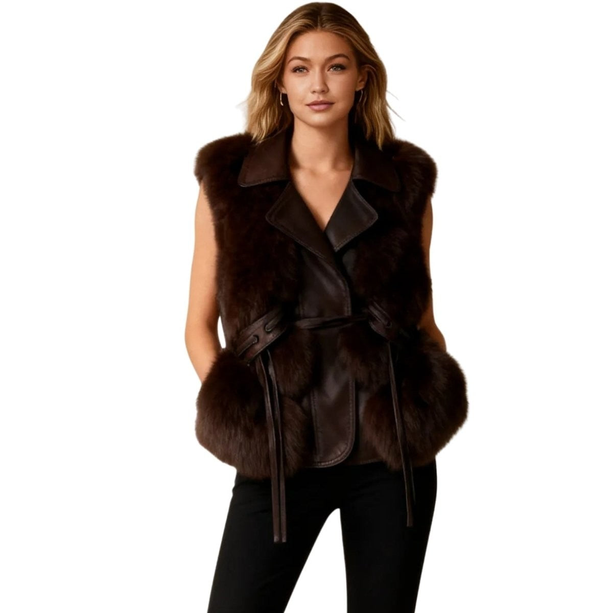 Adelheid | Belted Leather Vest with Fur Trim photo