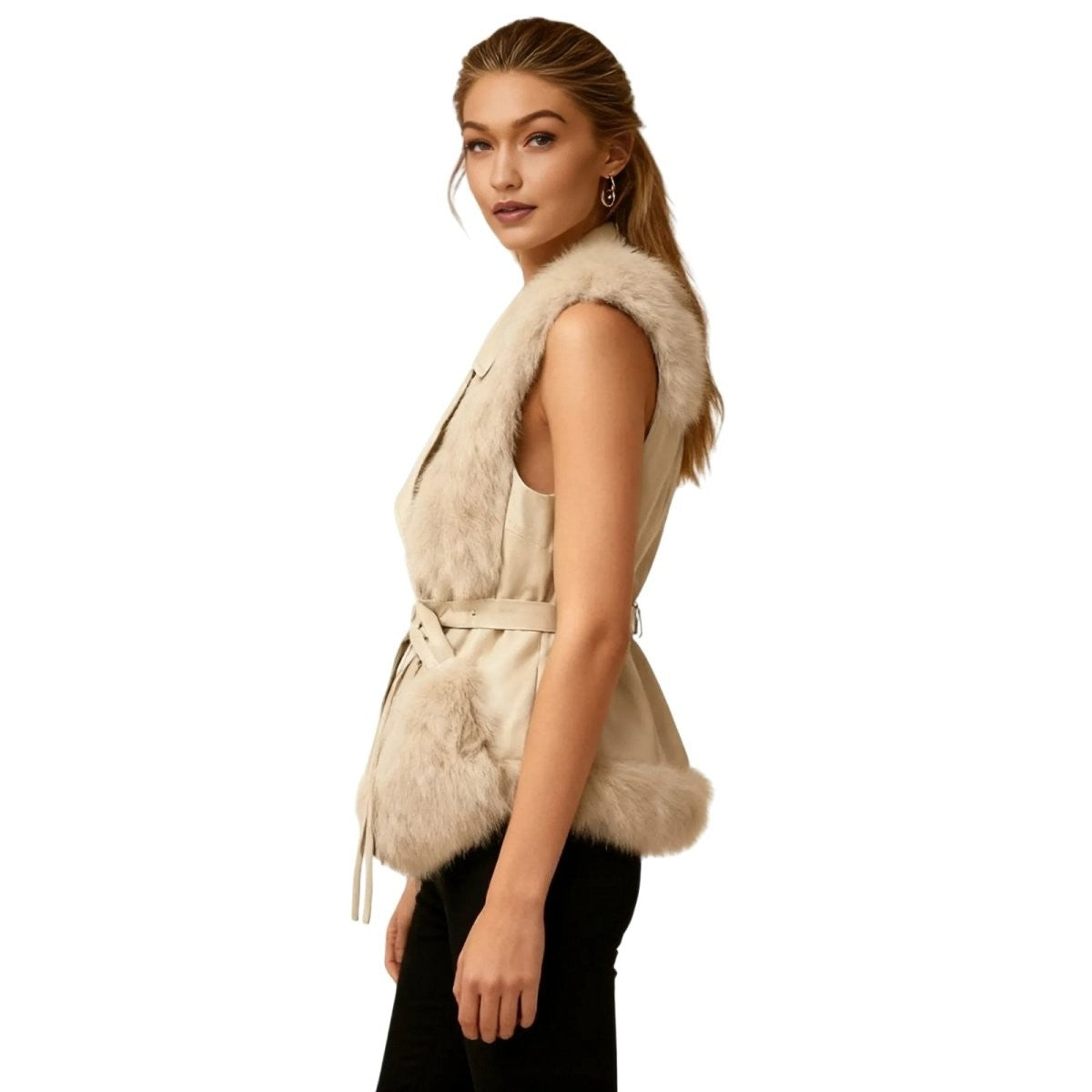 Adelheid | Belted Leather Vest with Fur Trim photo