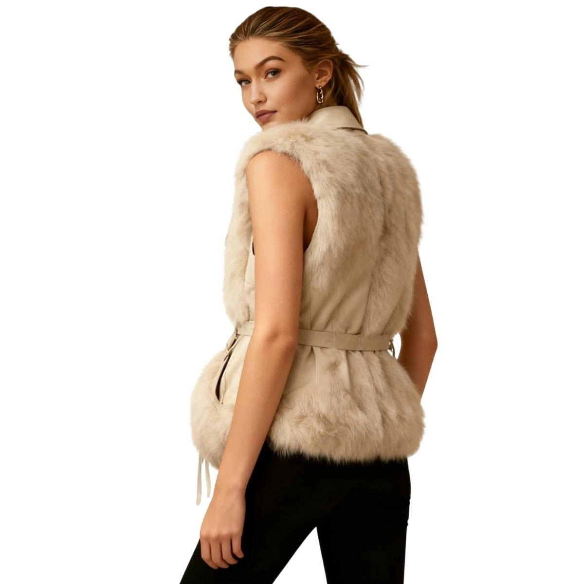 Adelheid | Belted Leather Vest with Fur Trim photo