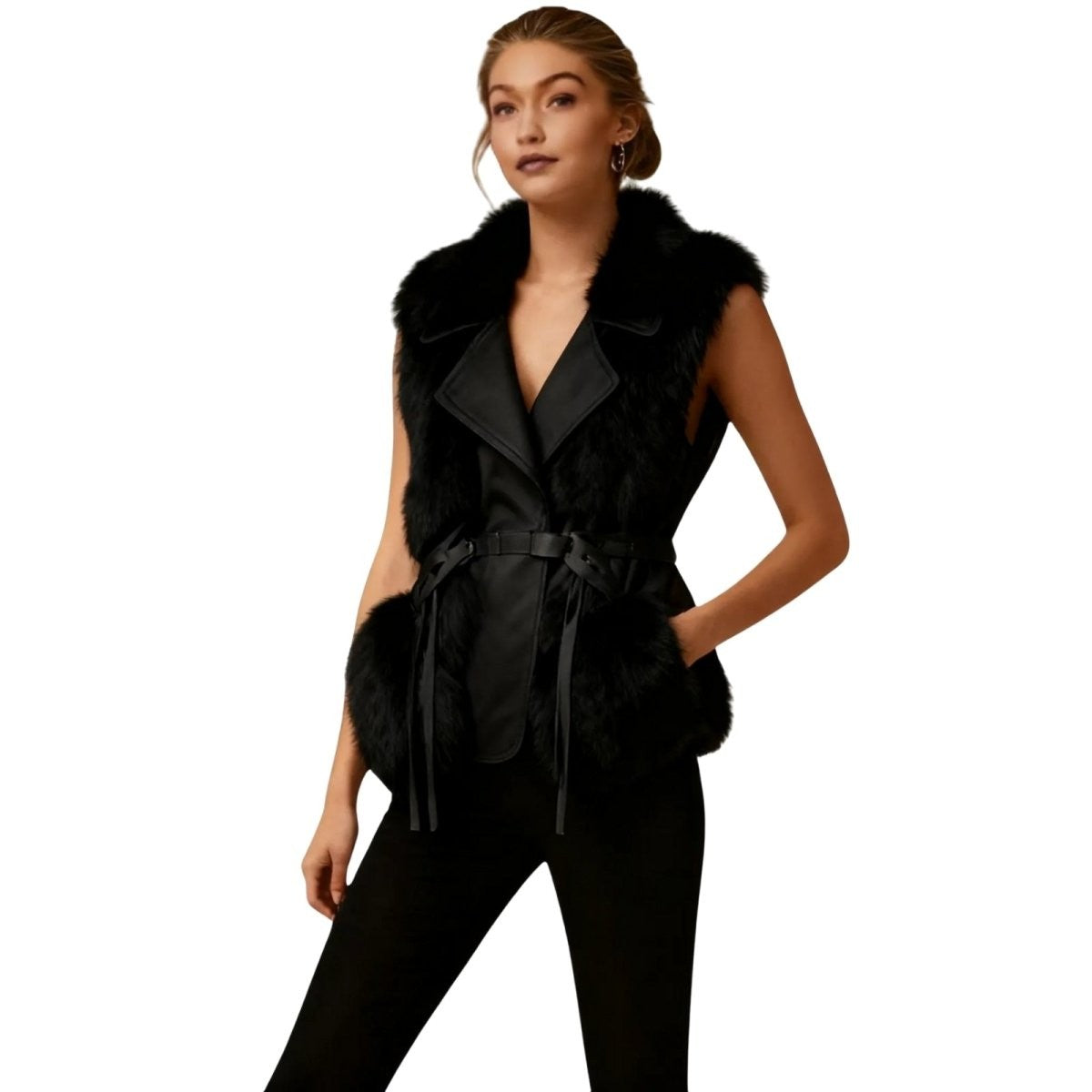 Adelheid | Belted Leather Vest with Fur Trim photo