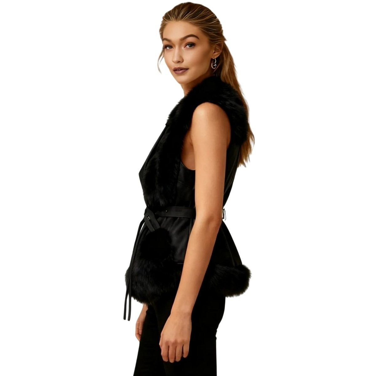 Adelheid | Belted Leather Vest with Fur Trim photo