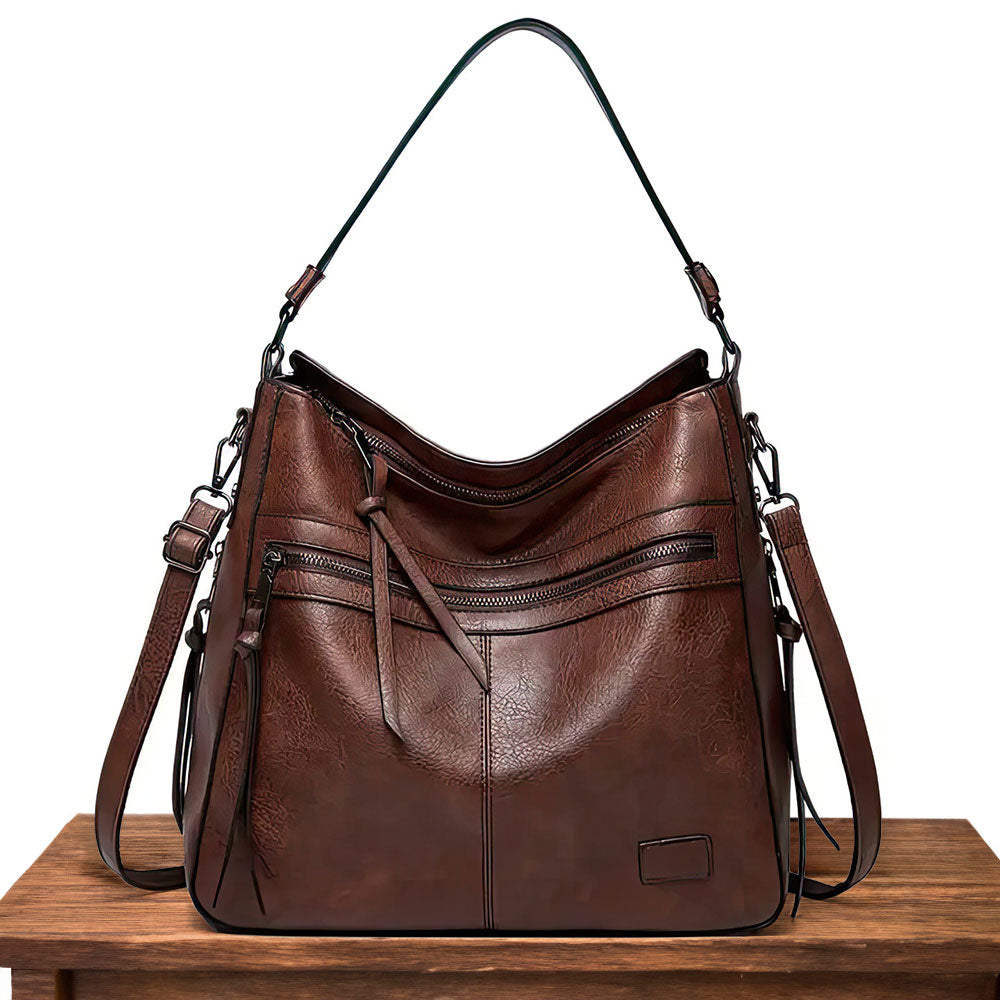 Philippine | Leather Shoulder Bag with Adjustable Strap and Multiple Zippers
