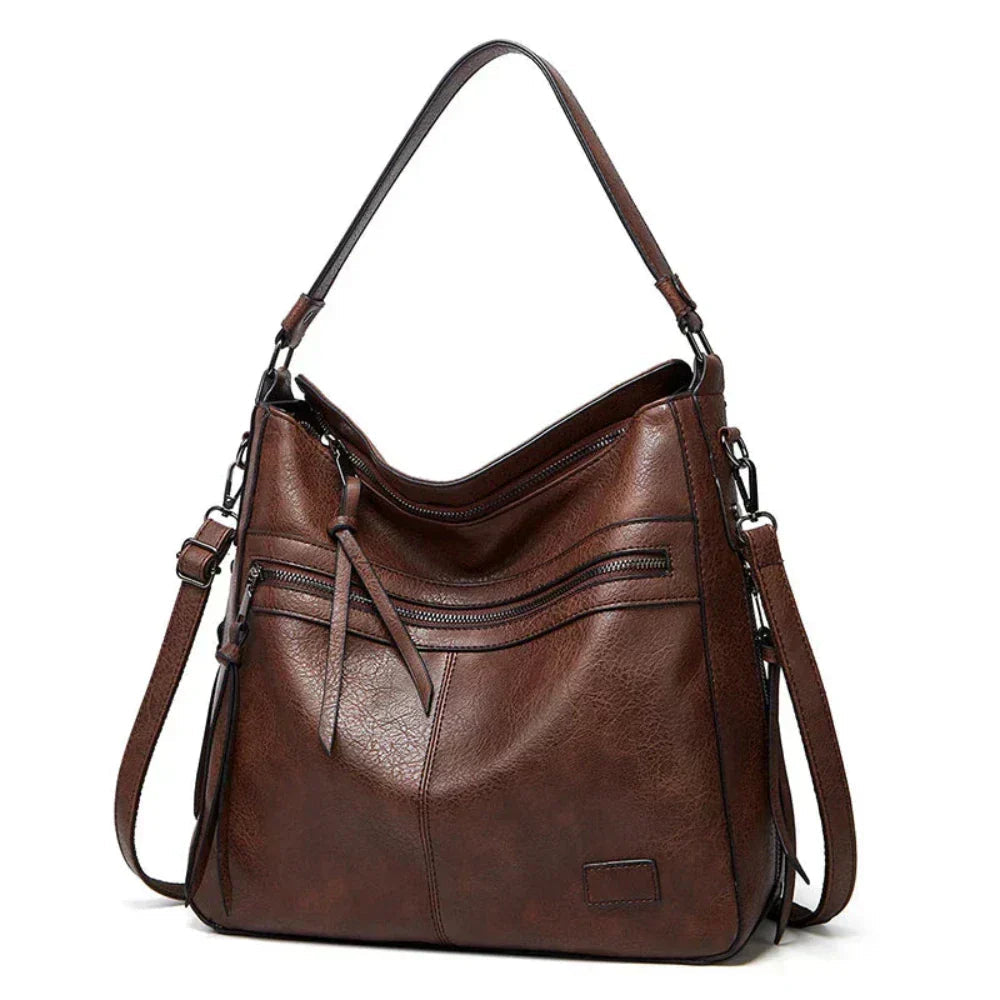 Philippine | Leather Shoulder Bag with Adjustable Strap and Multiple Zippers