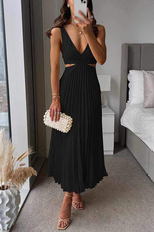 Aerin | Wedding Guest Midi Dress with Cutout Waist and Deep V Neck