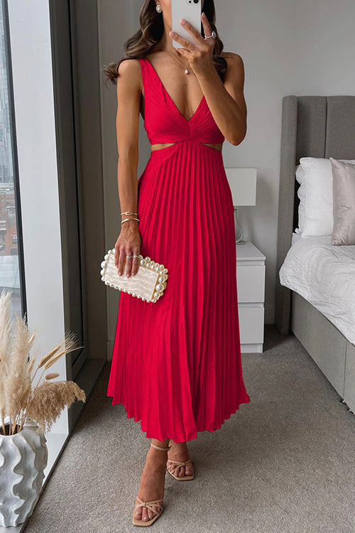 Aerin | Wedding Guest Midi Dress with Cutout Waist and Deep V Neck