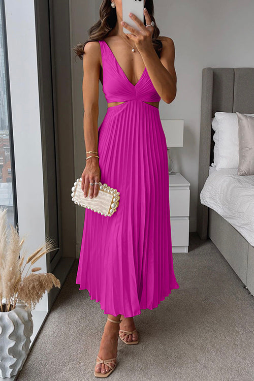 Aerin | Wedding Guest Midi Dress with Cutout Waist and Deep V Neck