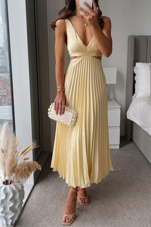 Aerin | Wedding Guest Midi Dress with Cutout Waist and Deep V Neck