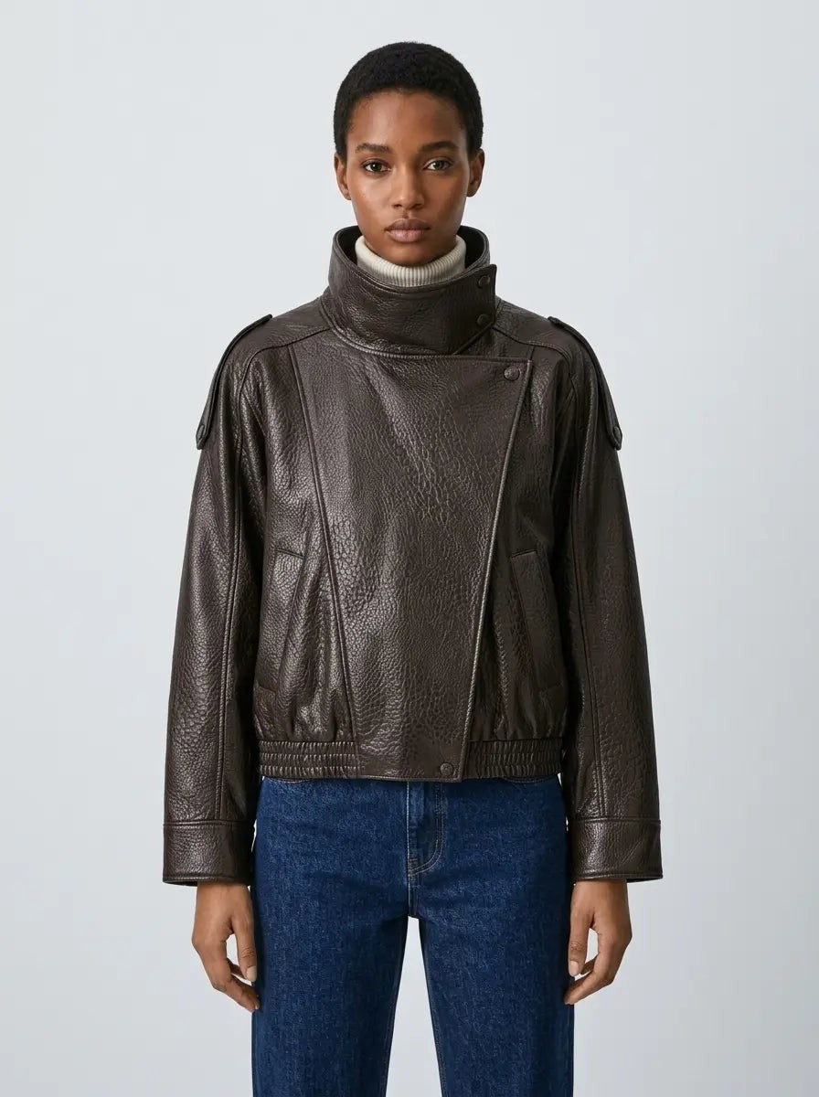 Anouk | Dark Brown Funnel Neck Lambskin Leather Jacket photo