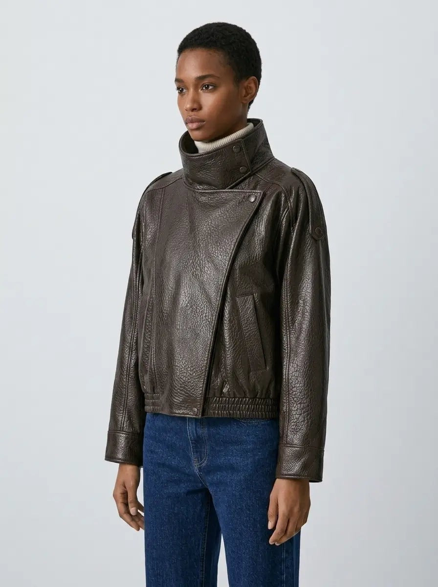 Anouk | Dark Brown Funnel Neck Lambskin Leather Jacket photo