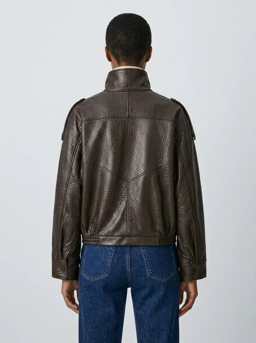 Anouk | Dark Brown Funnel Neck Lambskin Leather Jacket photo