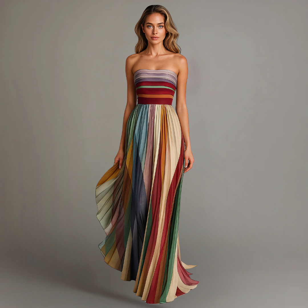 Aurina | Multicolor Chiffon Strapless Colorblock Pleated Maxi Dress