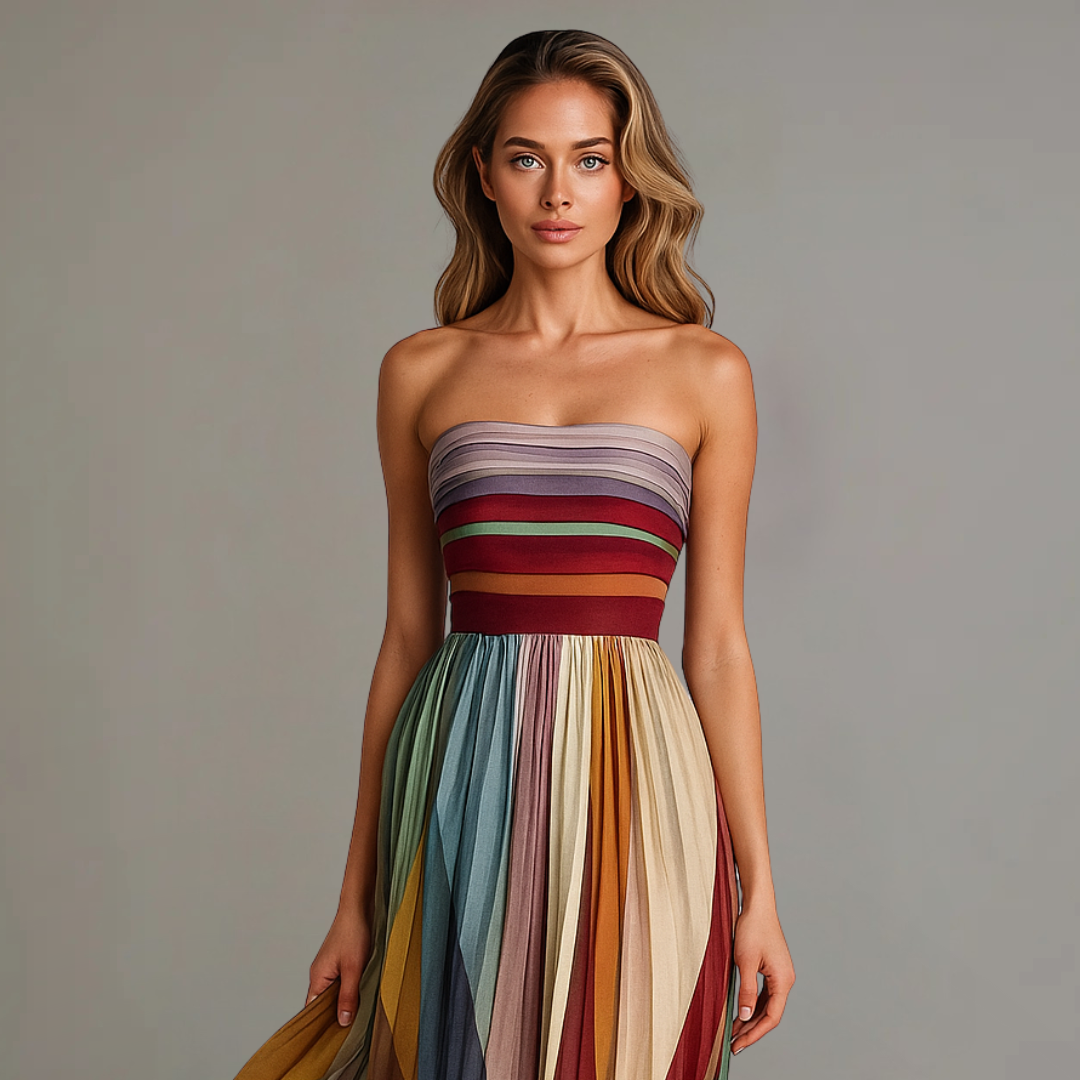 Aurina | Multicolor Chiffon Strapless Colorblock Pleated Maxi Dress