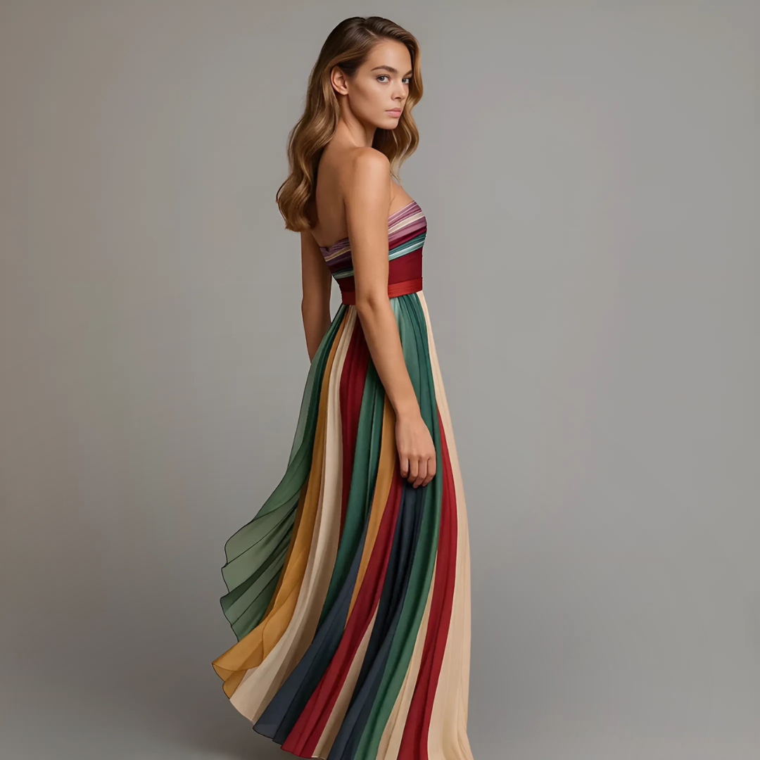 Aurina | Multicolor Chiffon Strapless Colorblock Pleated Maxi Dress