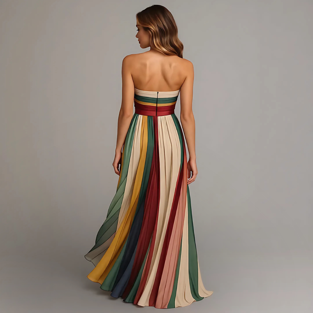 Aurina | Multicolor Chiffon Strapless Colorblock Pleated Maxi Dress