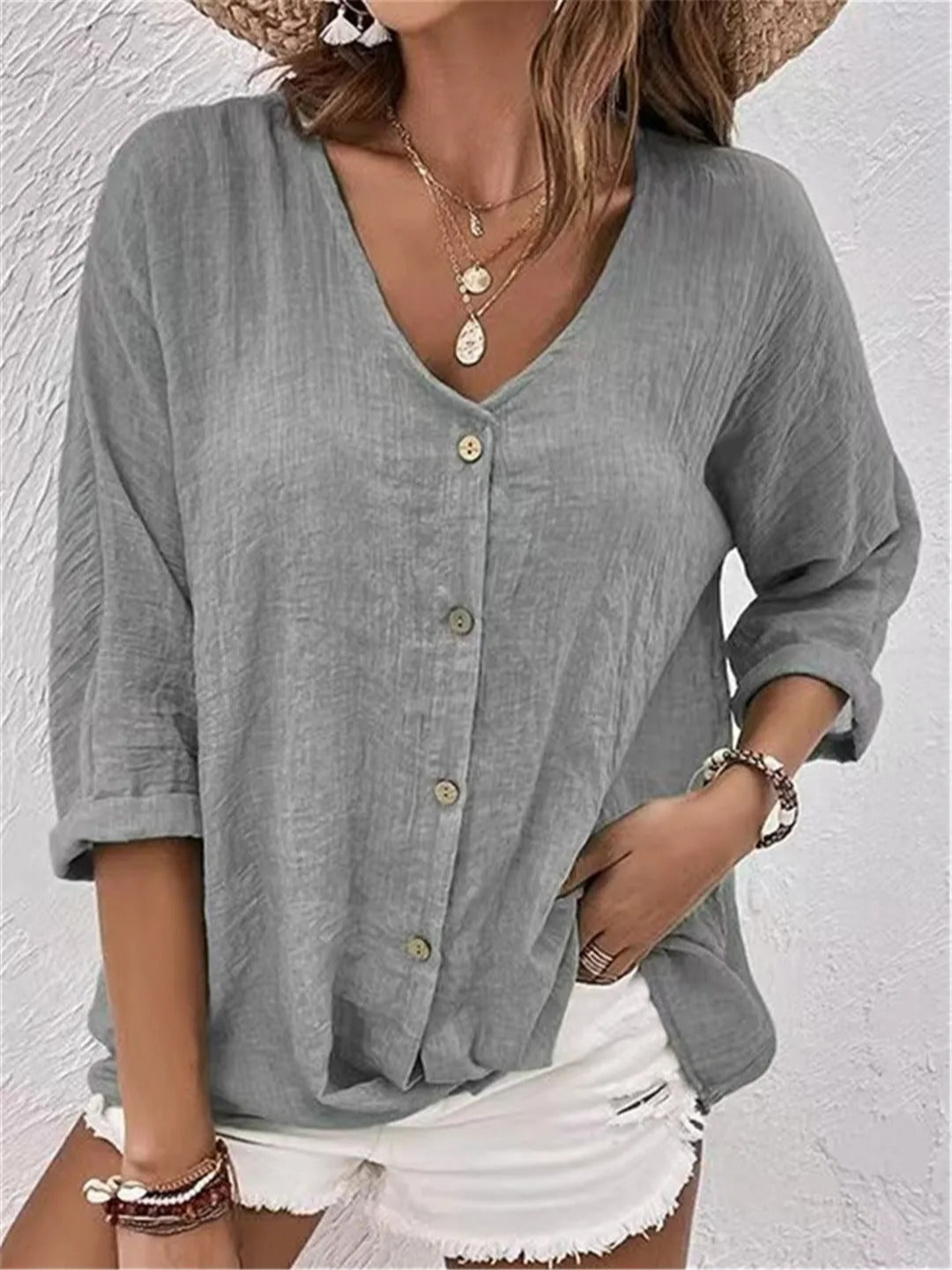Babette | Casual Cotton V-Neck Button-Front Top