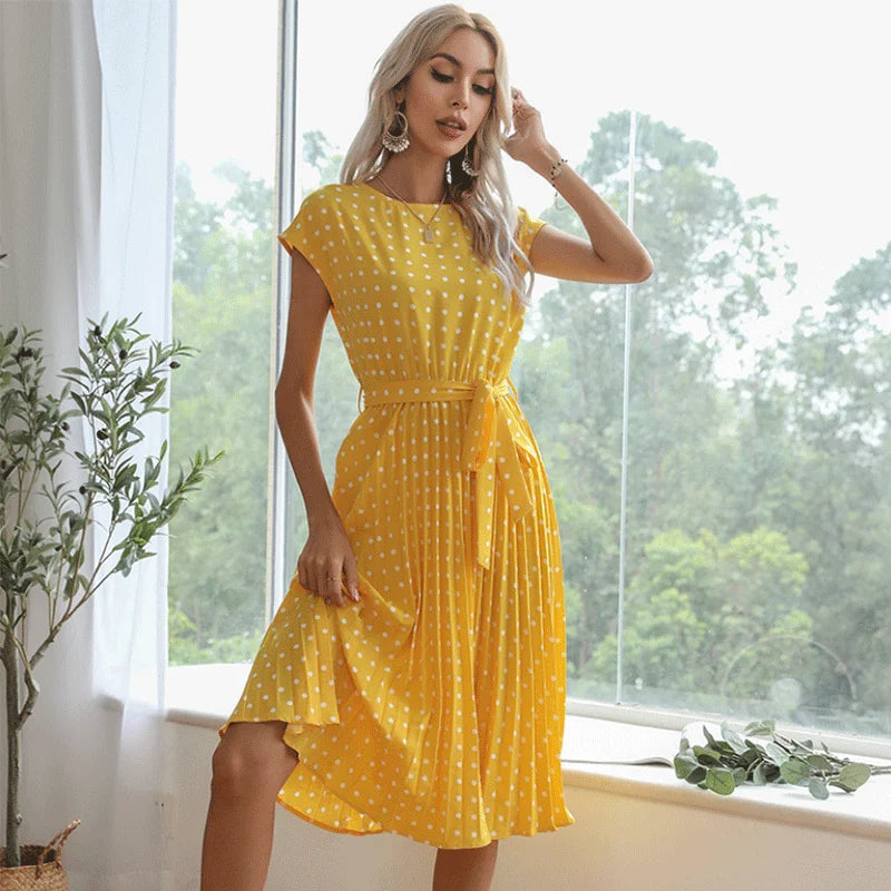 Elspeth | Polka Dot Pleated Maxi Dress with Short Sleeves and Belted Waist