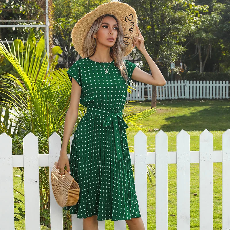 Elspeth | Polka Dot Pleated Maxi Dress with Short Sleeves and Belted Waist