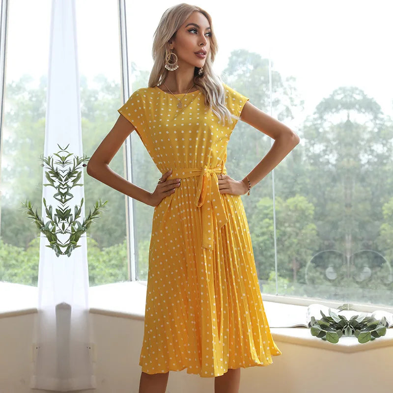 Elspeth | Polka Dot Pleated Maxi Dress with Short Sleeves and Belted Waist