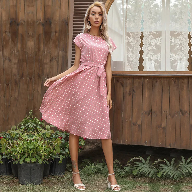 Elspeth | Polka Dot Pleated Maxi Dress with Short Sleeves and Belted Waist