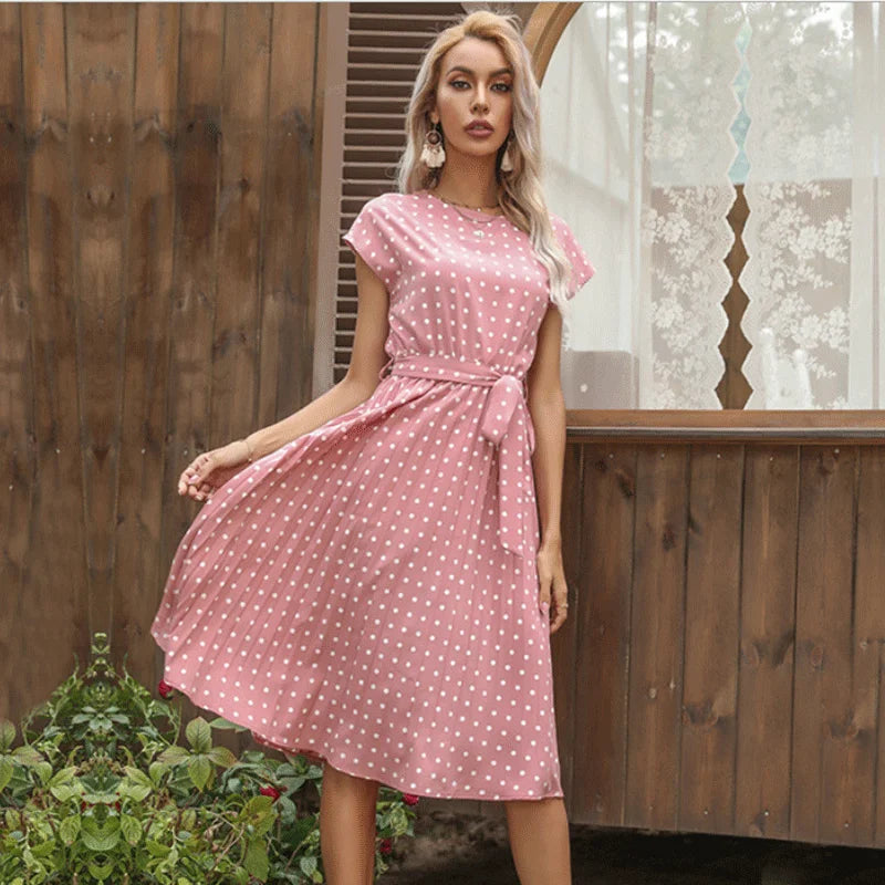 Elspeth | Polka Dot Pleated Maxi Dress with Short Sleeves and Belted Waist