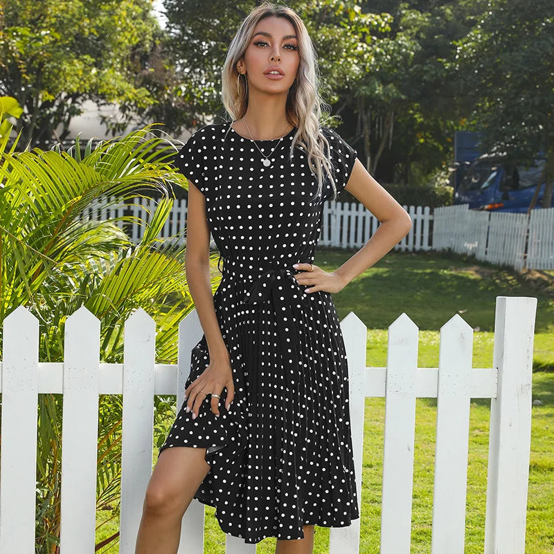 Elspeth | Polka Dot Pleated Maxi Dress with Short Sleeves and Belted Waist